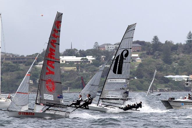 Yamaha and Thurlow Fisher Lawyers reaching on the run to the bottom mark - JJ Giltinan 18ft Skiff Championship © Frank Quealey /Australian 18 Footers League http://www.18footers.com.au
